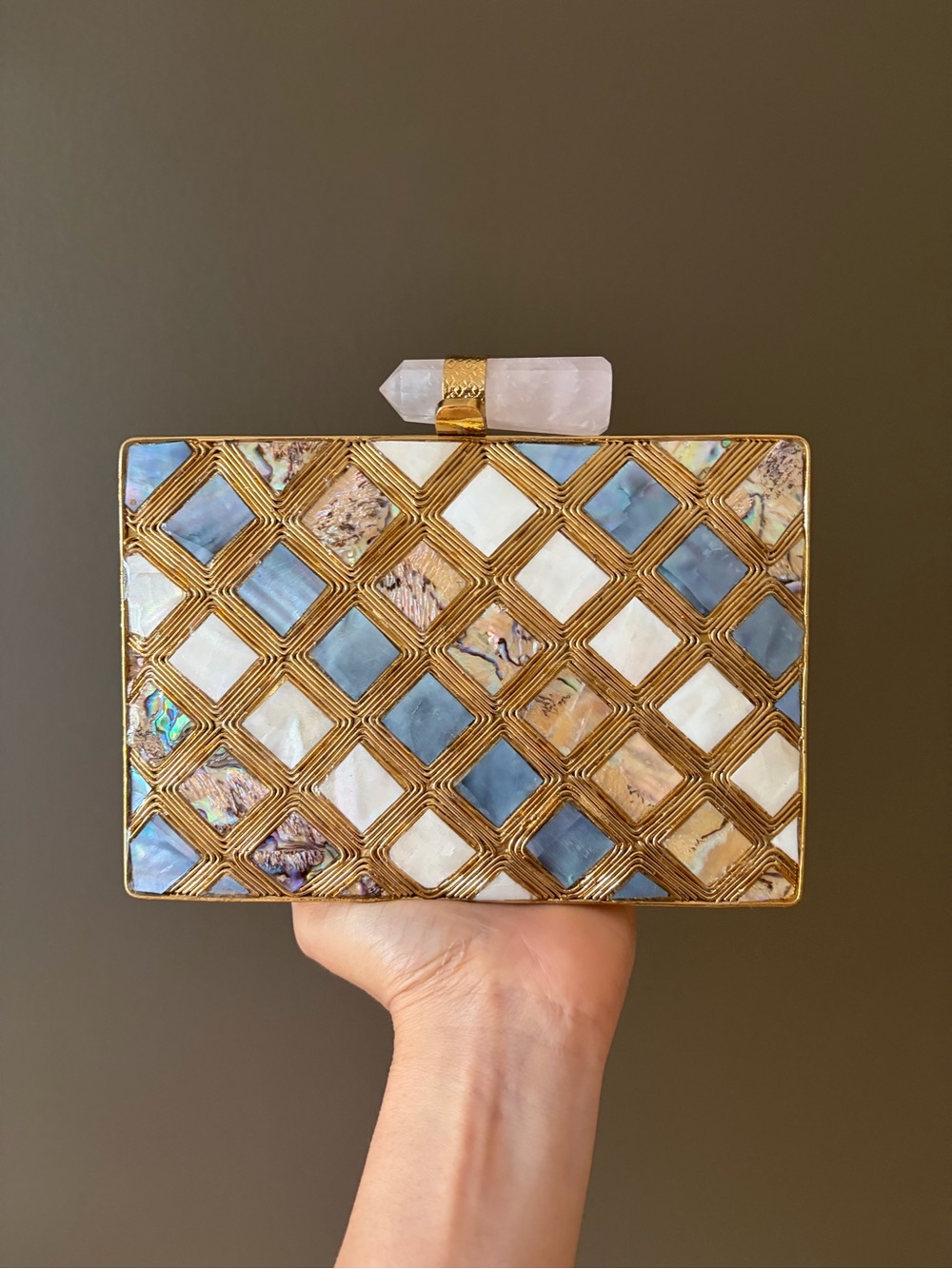 Gold Mosaic Shell Rectangular Evening Clutch - Blue White